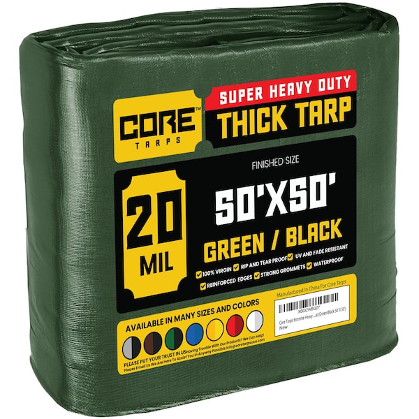 Core Tarps Heavy Duty Tarp, 50 ft L x 0.5 mm H x 50 ft W, 20 Mil, Green/Black, Polyethylene CT-703-50X50 - main